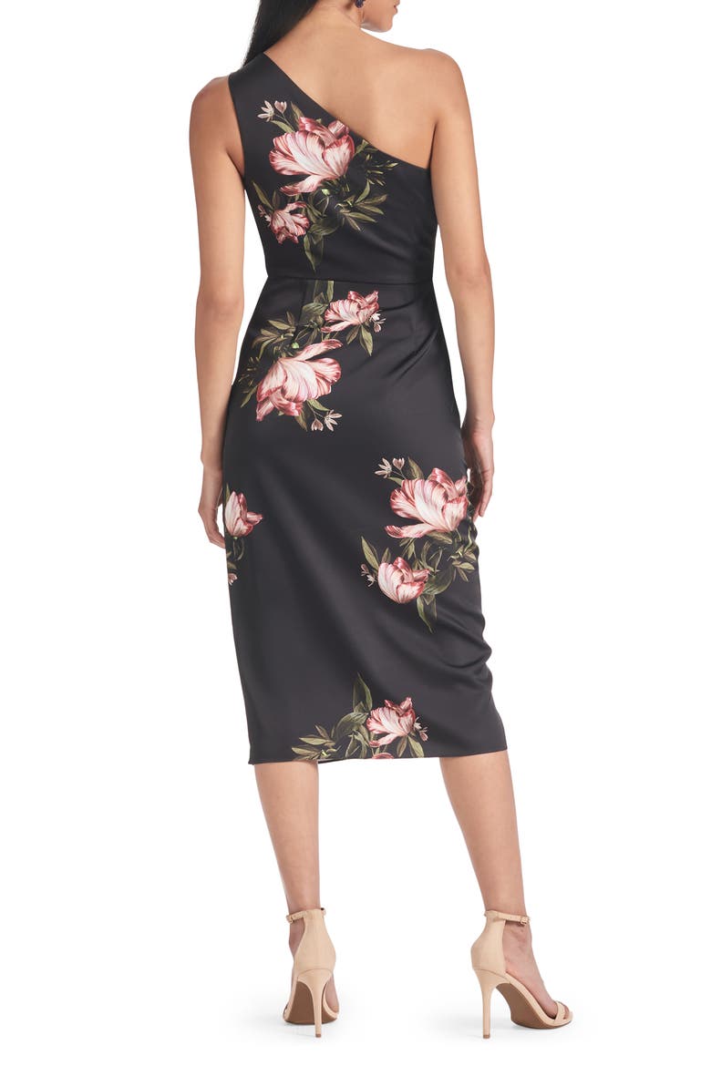 Carmen Floral One-Shoulder Midi Cocktail Dress, Alternate, color, NOIR BLOSSOM