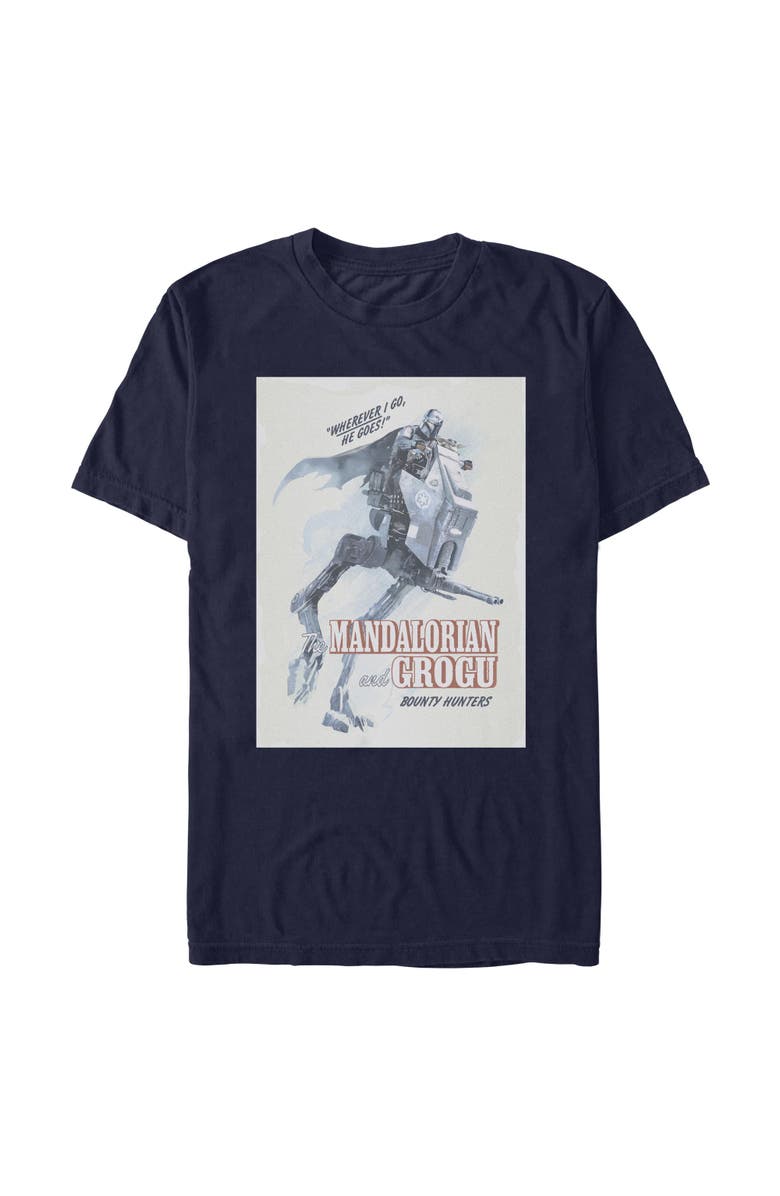Star Wars: The Mandalorian and Grogu Men's Star Wars The Mandalorian and Grogu Wherever I Go He Goes Bounty Hunters  Graphic T-Shirt, Main, color, Navy Blue