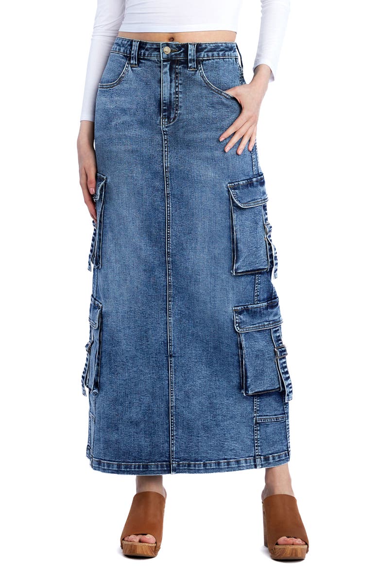 Cargo Pocket Denim Maxi Skirt, Main, color, CARGO BLUE