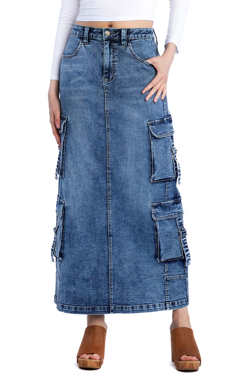 Wash Lab Denim Cargo Pocket Denim Maxi Skirt, Main, color, Cargo Blue