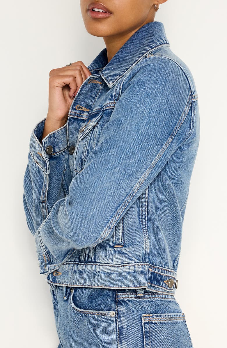 Good American Shrunken Crop Denim Trucker Jacket, Alternate, color,