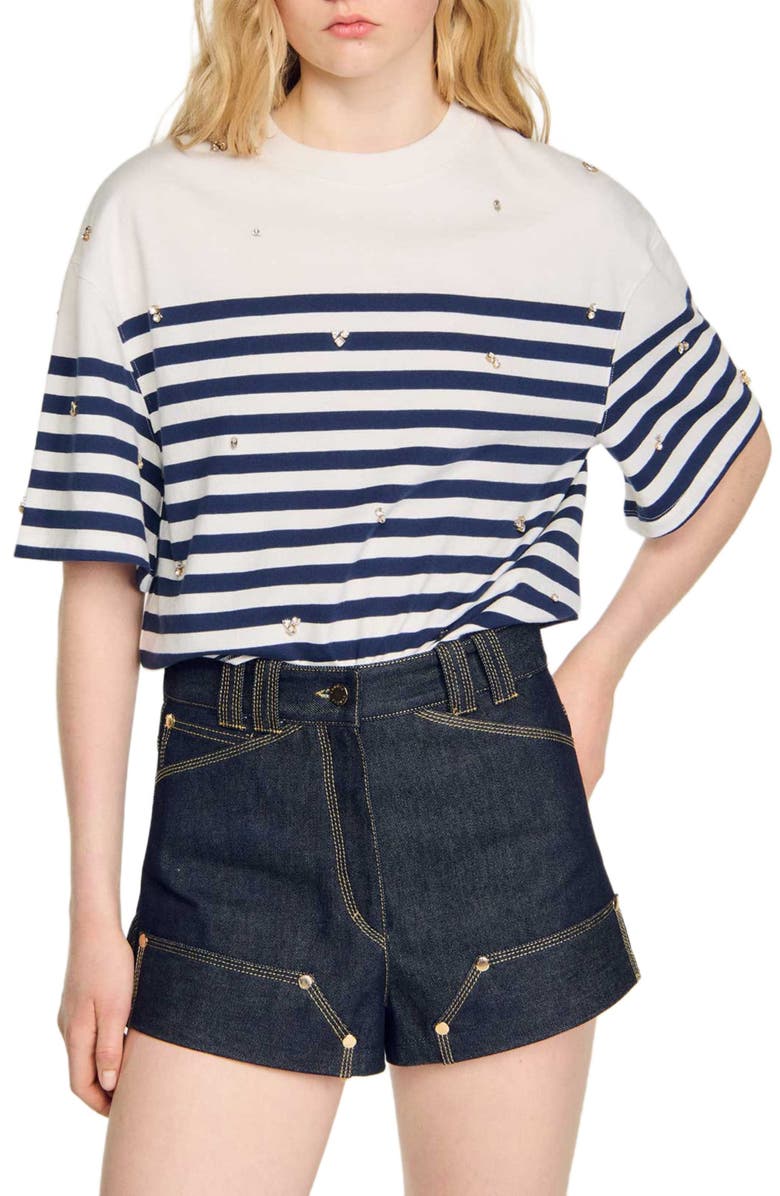 SANDRO Rhinestone Breton T-shirt, Main, color, 