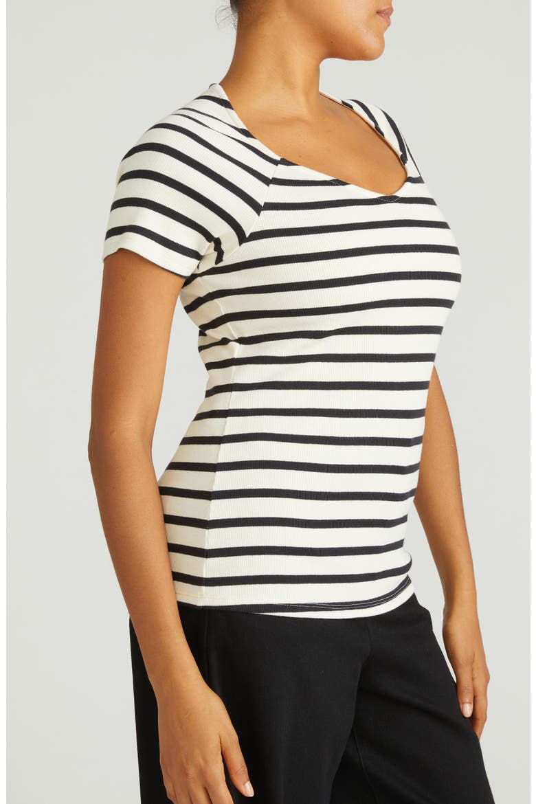 Carey Stripe V-Neck Cotton Rib Top, Alternate, color, ECRU/ BLACK STRIPE