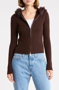 Madden Girl Faux Fur Trim Hooded Cardigan