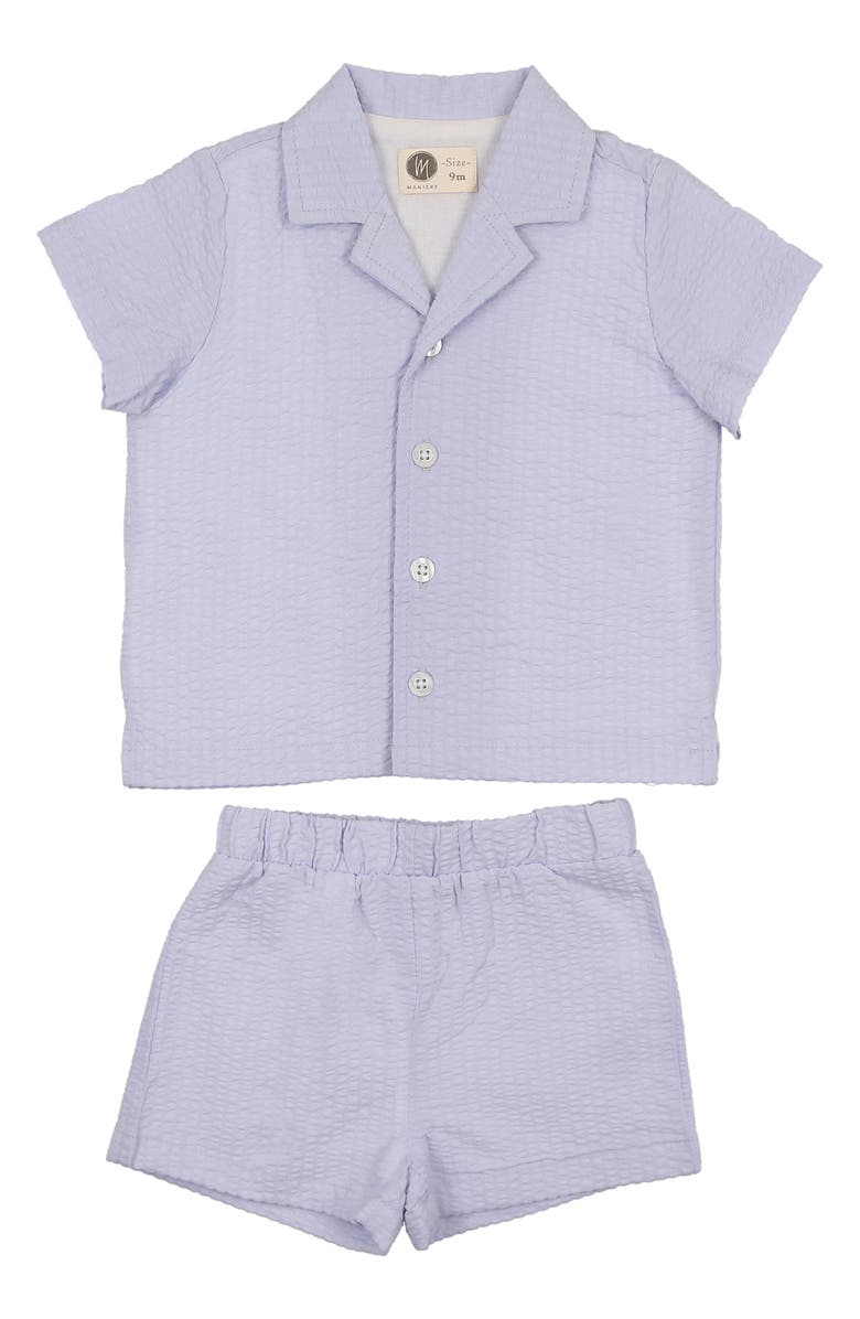 Manière Kids' Cotton Seersucker Camp Shirt & Pull-On Shorts Set, Main, color, Blue