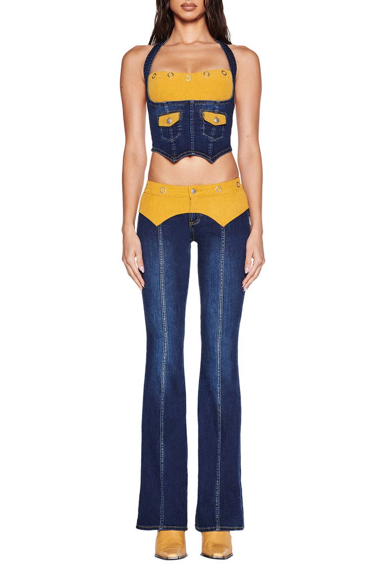 Tommie Mixed Media Halter Corset Top, Alternate, color, DARK WASH