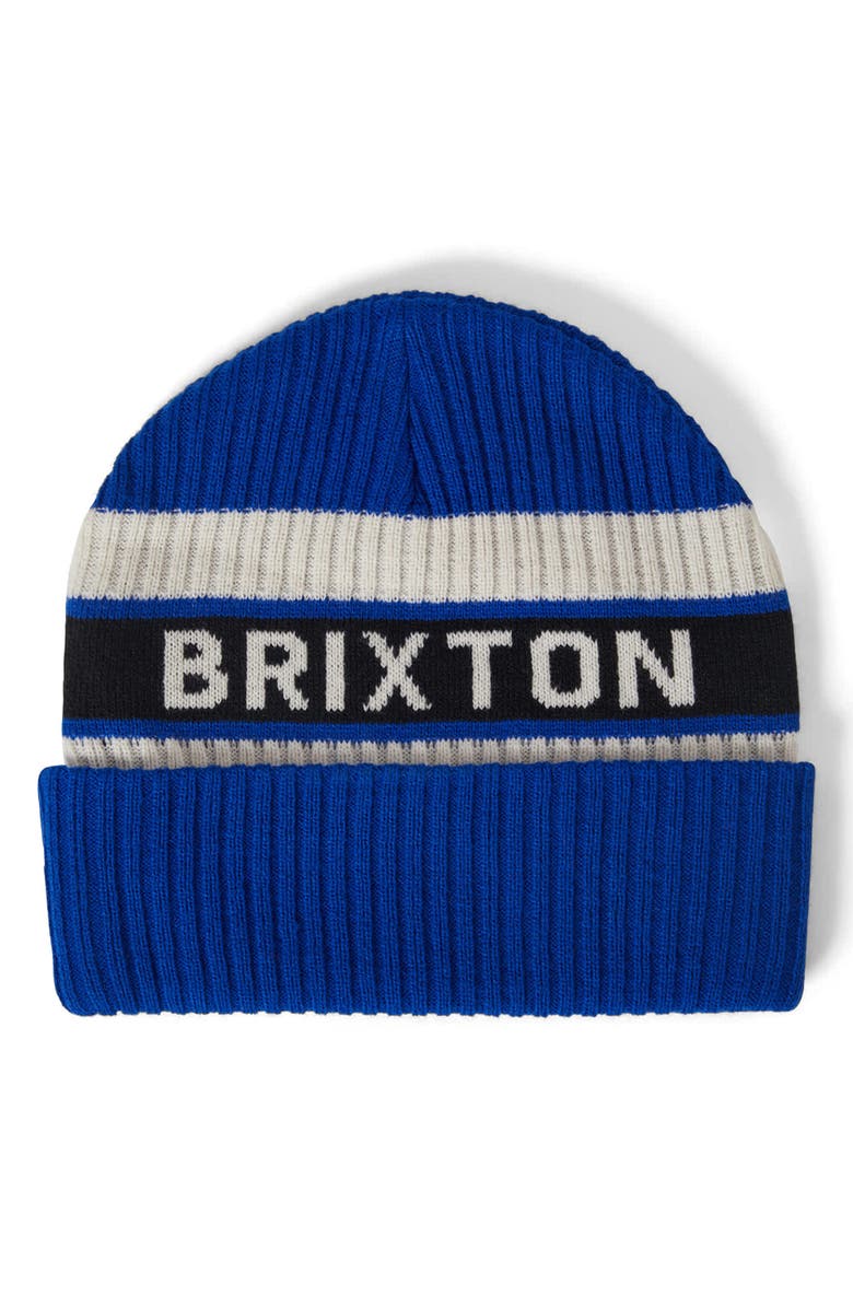 Brixton Rainier Stripe Logo Beanie, Main, color, Royal/ White/ Black