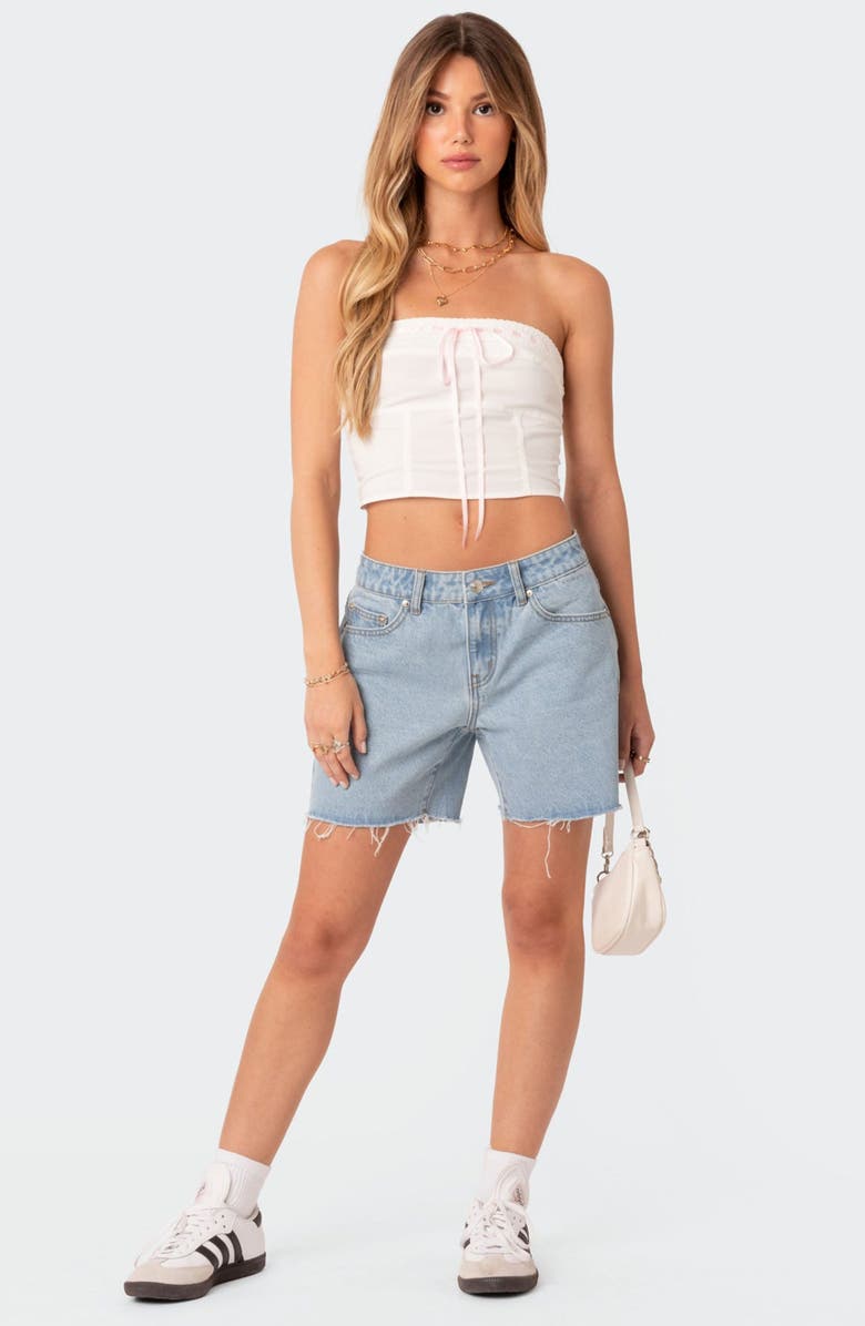 EDIKTED Tomboy Low Rise Cutoff Denim Shorts, Alternate, color, Light-Blue