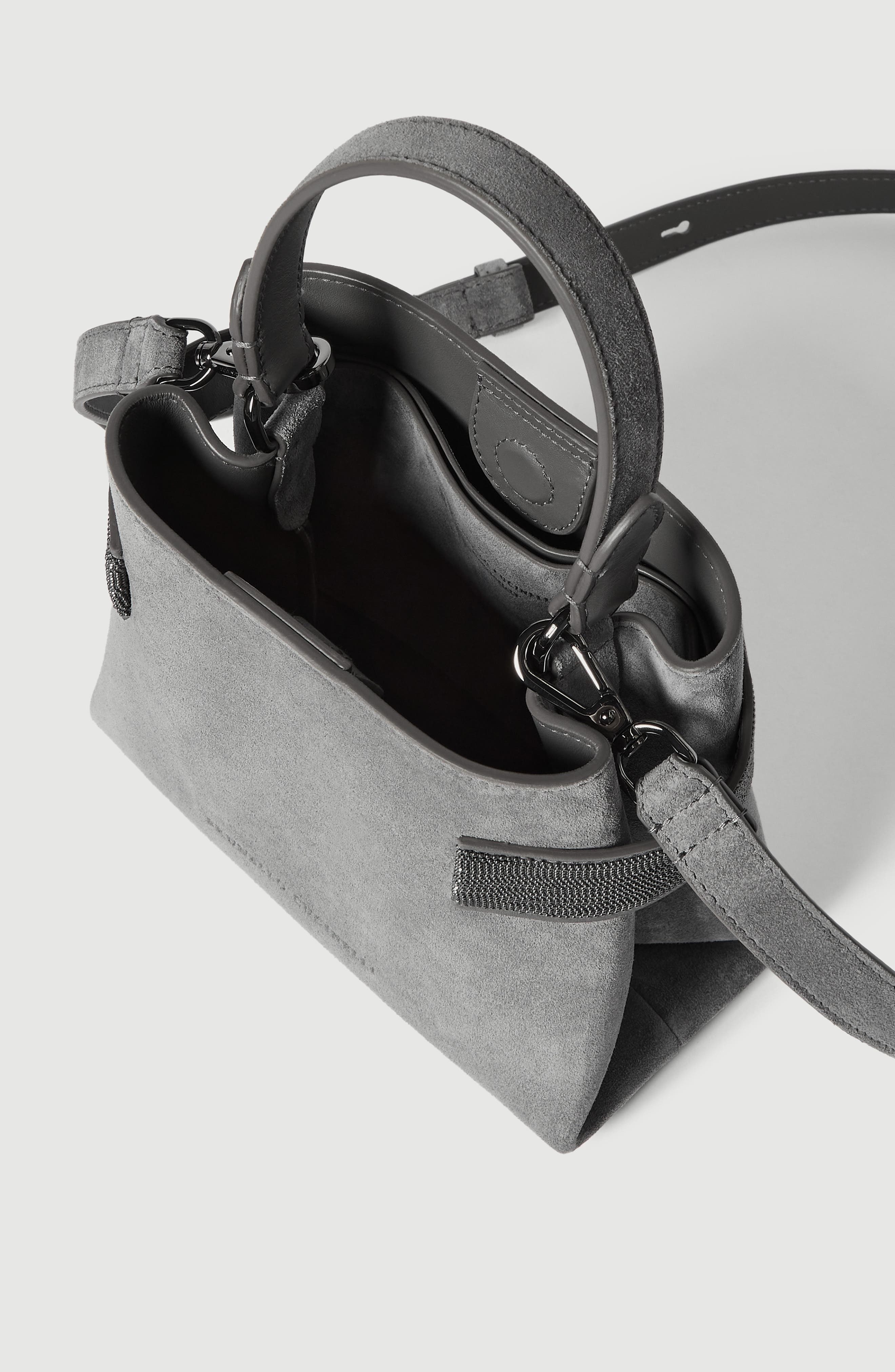 Essence small top-handle bag in suede with precious bands, Alternate, color, Stone Grey