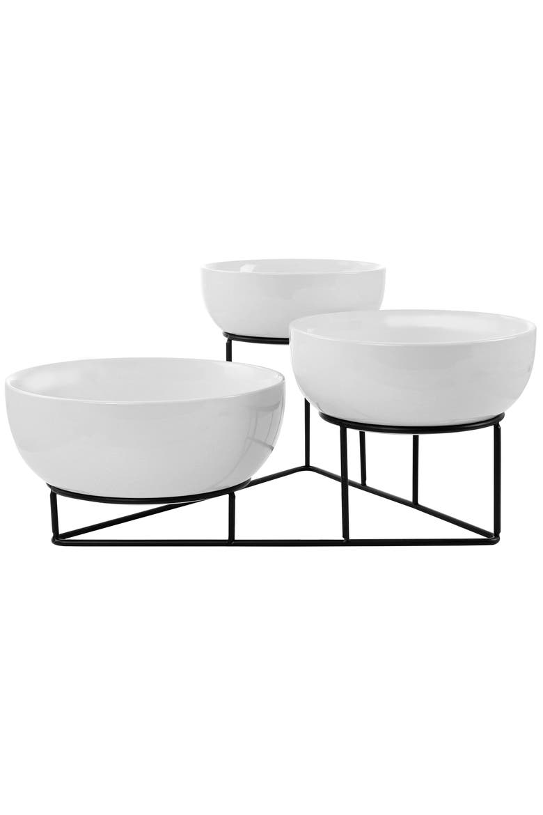 4 Piece Bowl Set with Metal Rack, Main, color, White