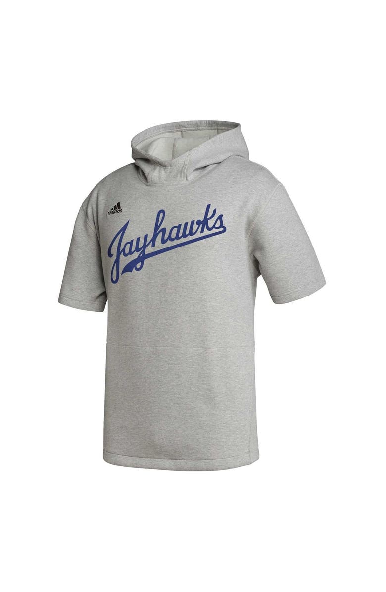 adidas Men's adidas Heather Gray Kansas Jayhawks Modern Classics Baseball Icon Tri-Blend Short Sleeve Pullover Hoodie, Alternate, color, 