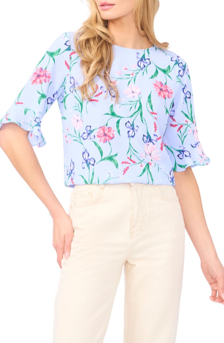 CeCe Floral Ruffle Sleeve Top, Main, color, Windsurfer