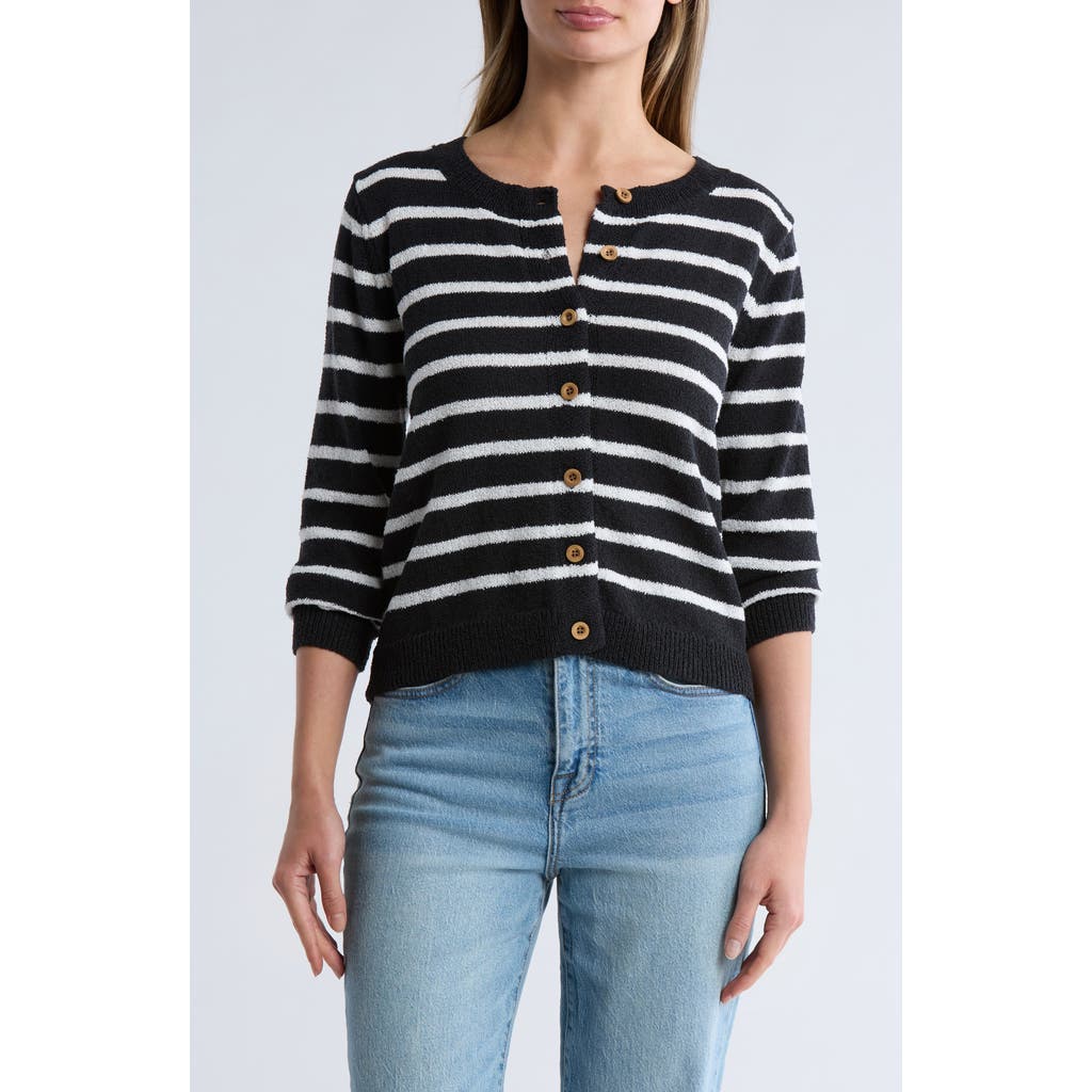 Bobeau Stripe Button Front Crop Cardigan In Black