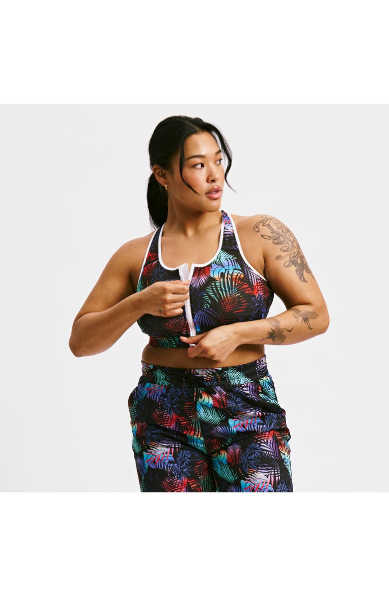 TomboyX Racerback Zip Compression Bikini Top, Alternate, color, Palm Dreams