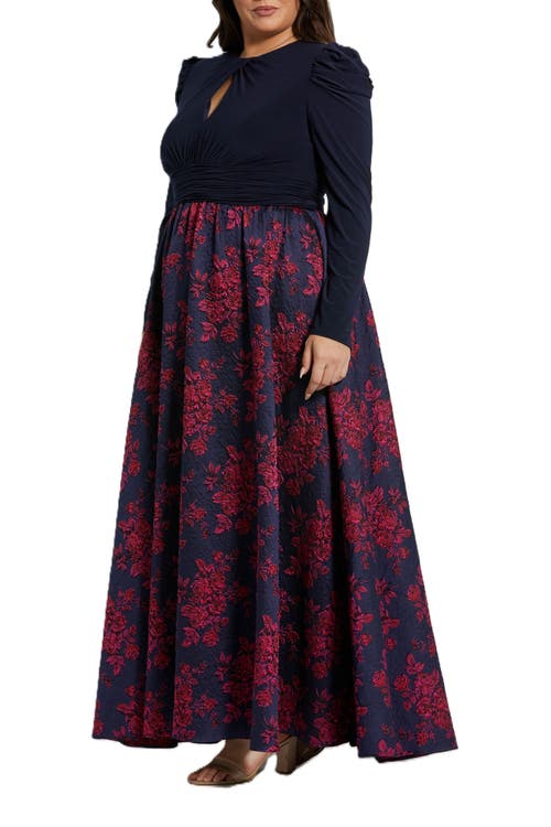Mac Duggal Long Sleeve Keyhole Knot Neck Brocade Floral Detail Bottom Plus Size Gown In Midnight
