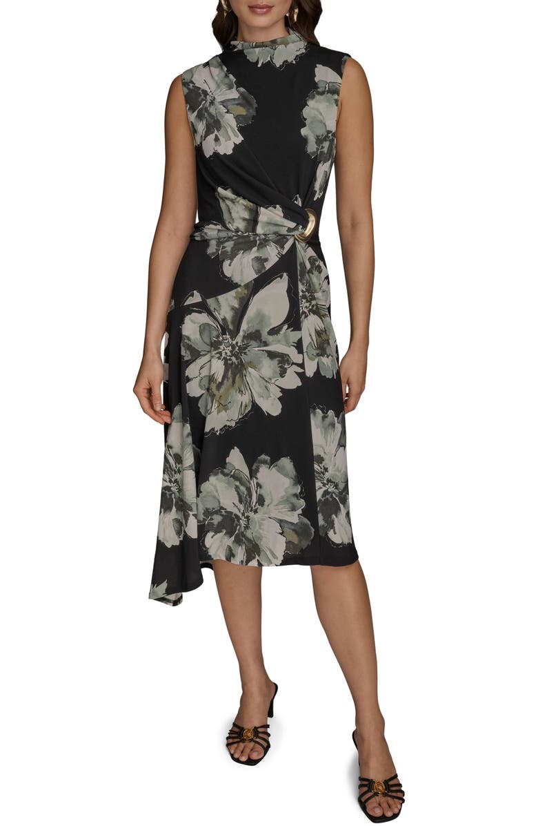Donna Karan New York Floral Side Ruched Asymmetric Hem Dress, Main, color, Black Multi
