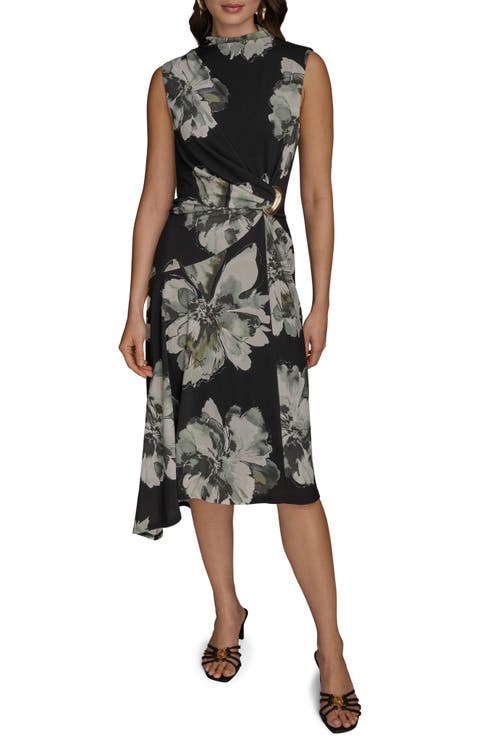 Floral Side Ruched Asymmetric Hem Dress