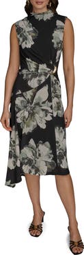 Donna Karan New York Floral Side Ruched Asymmetric Hem Dress