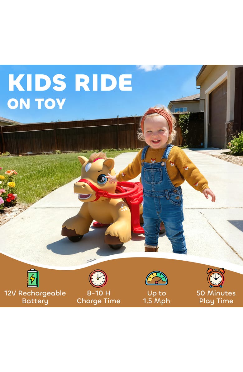 Qaba 12V Ride On Horse Toy Battery Powered Ride on Toy with Carrot Toy Comb and Sound Electric Rocking Horse for Toddlers, Alternate, color, Brown