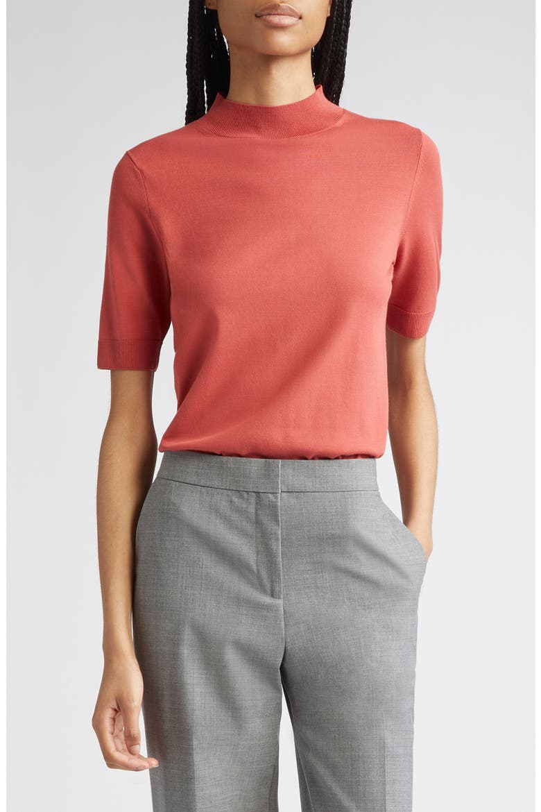 Mock Neck Short Sleeve Sweater, Main, color, RED BRICK