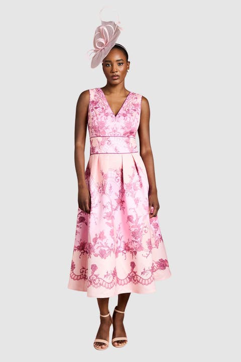 V-Neck Satin Floral Print Midi Dress