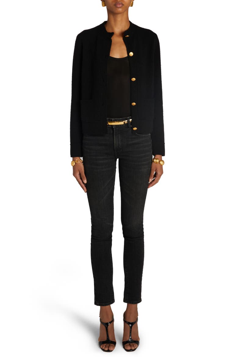 Cashmere Crewneck Cardigan, Alternate, color, BLACK