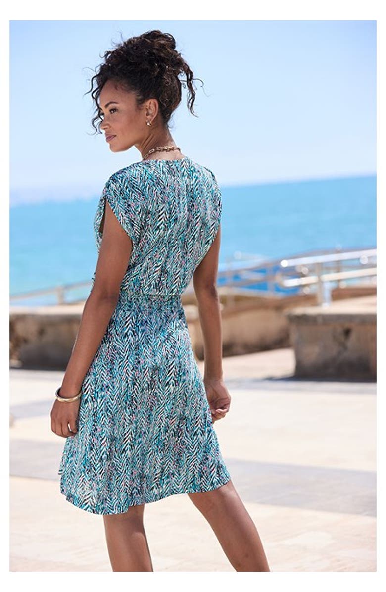 LASCANA Women's Smocked Waist Printed Dress, Alternate, color, Turquoise Rose