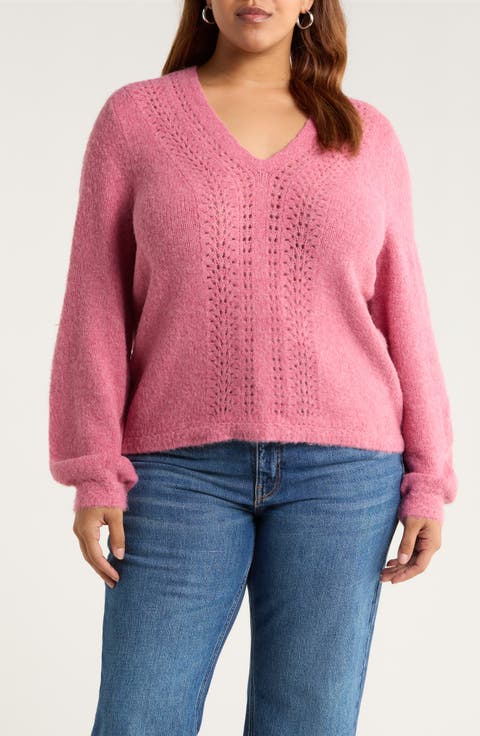 Pointelle V-Neck Sweater (Plus)