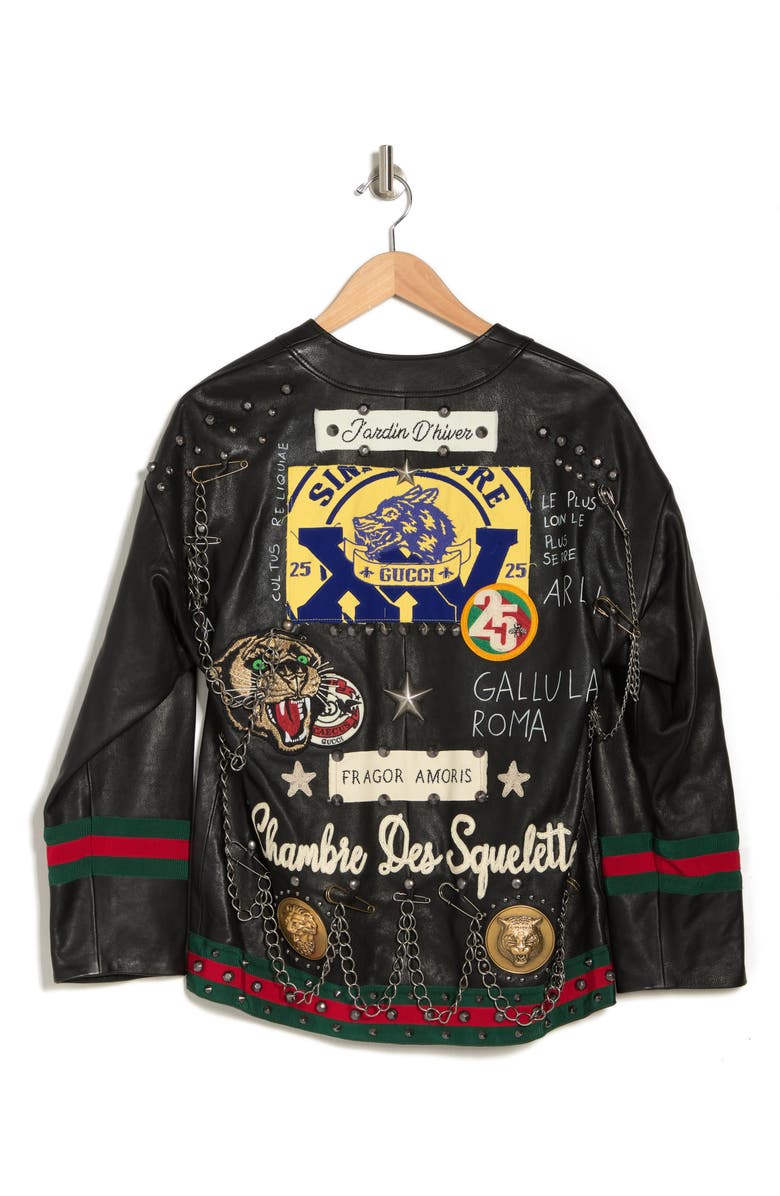 Gucci Leather Cardigan with Stud, Chain & Patch Details, Alternate, color, Black