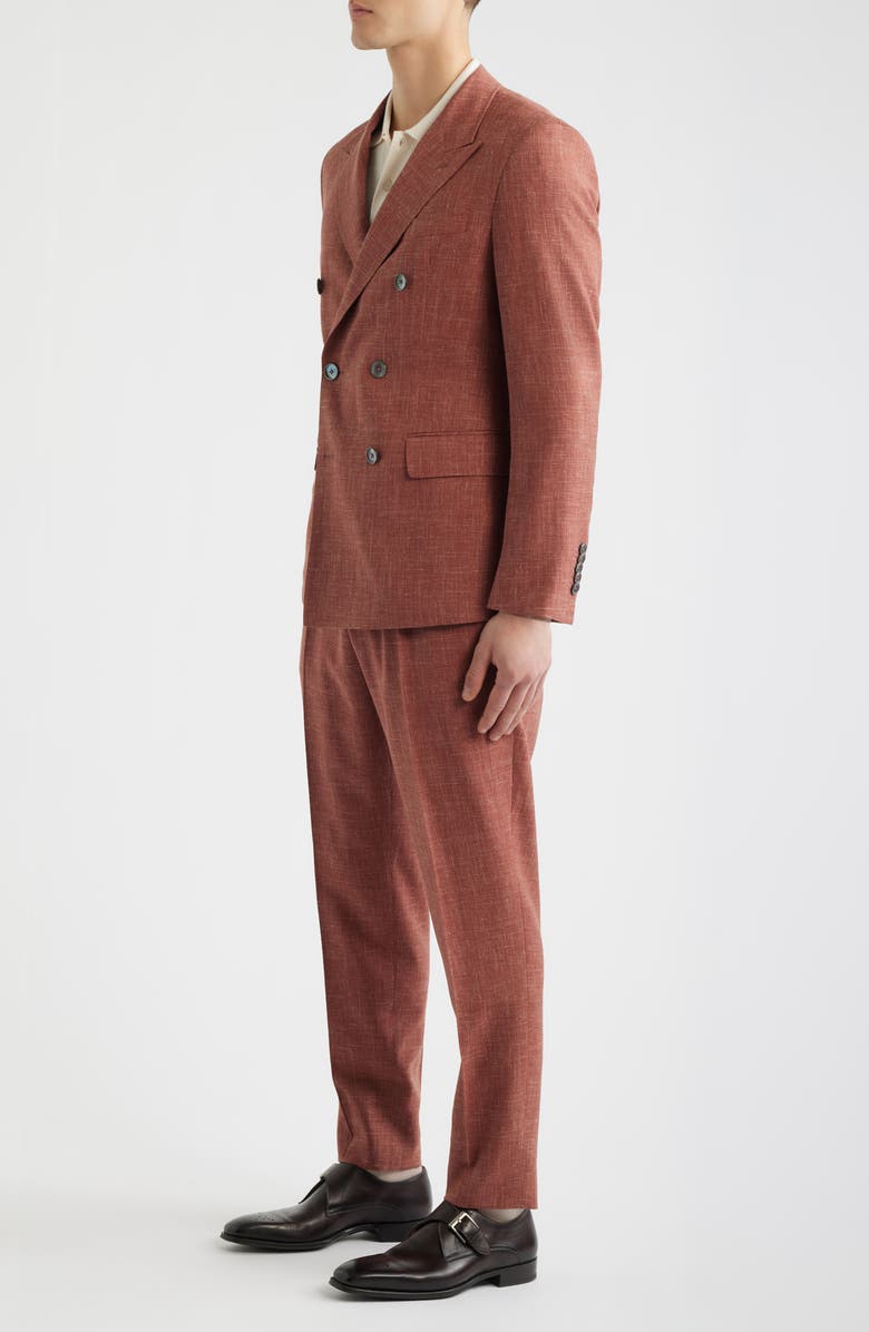 BOSS Heston Slim Fit Brown Slub Wool Blend Peak Lapel Double Breasted Suit, Alternate, color, Medium Brown