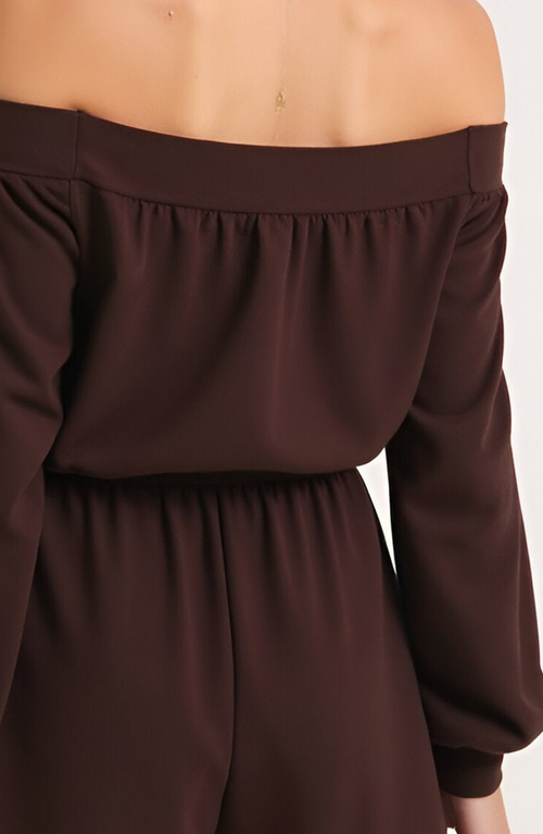 Modenaire Off-shoulder Long Sleeve Romper With Smocked Waist And Drawstring Tie In Brown