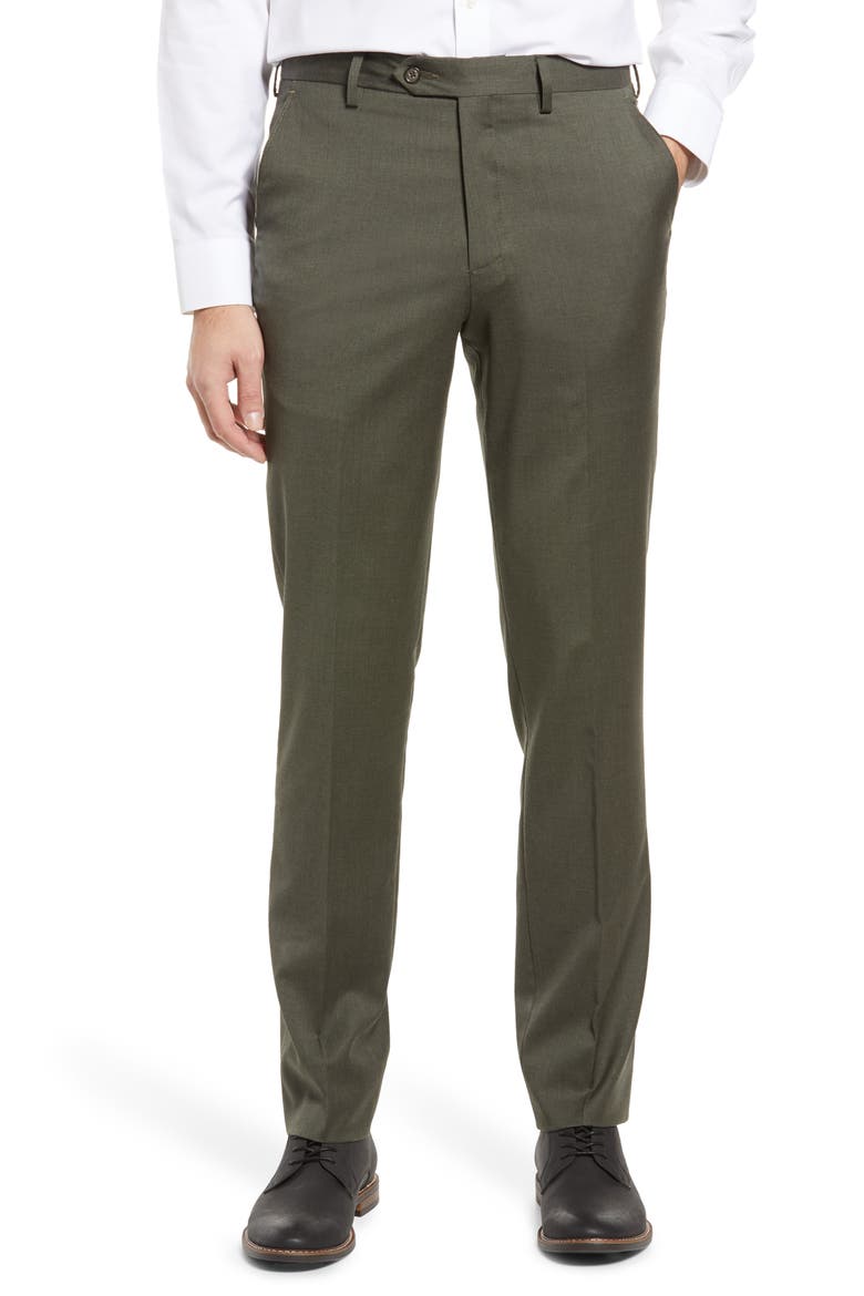 Flat Front Modern Fit Gabardine Stretch Wool Trousers, Main, color, OLIVE