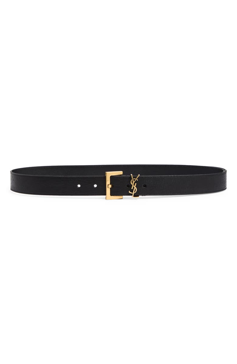 Saint Laurent Cassandre Logo Leather Belt, Main, color, Black