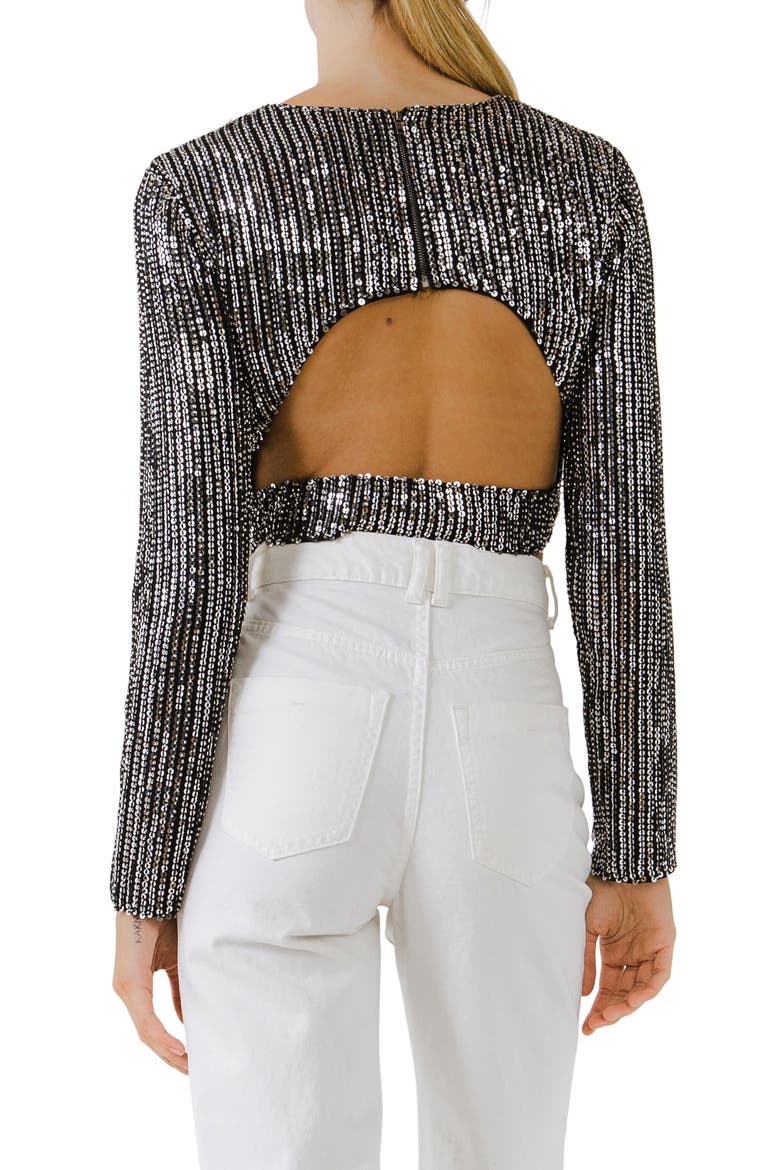 Sequin Open Back Crop Top, Alternate, color, BLACK