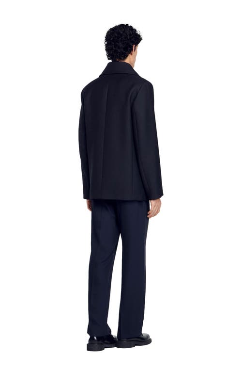 Sandro Wool Blend Pea Jacket In Navy Blue