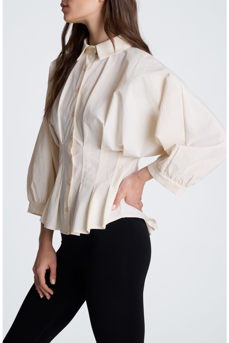 Pleated Button Front Shirt with Balloon Sleeves, Alternate, color, OYSTER