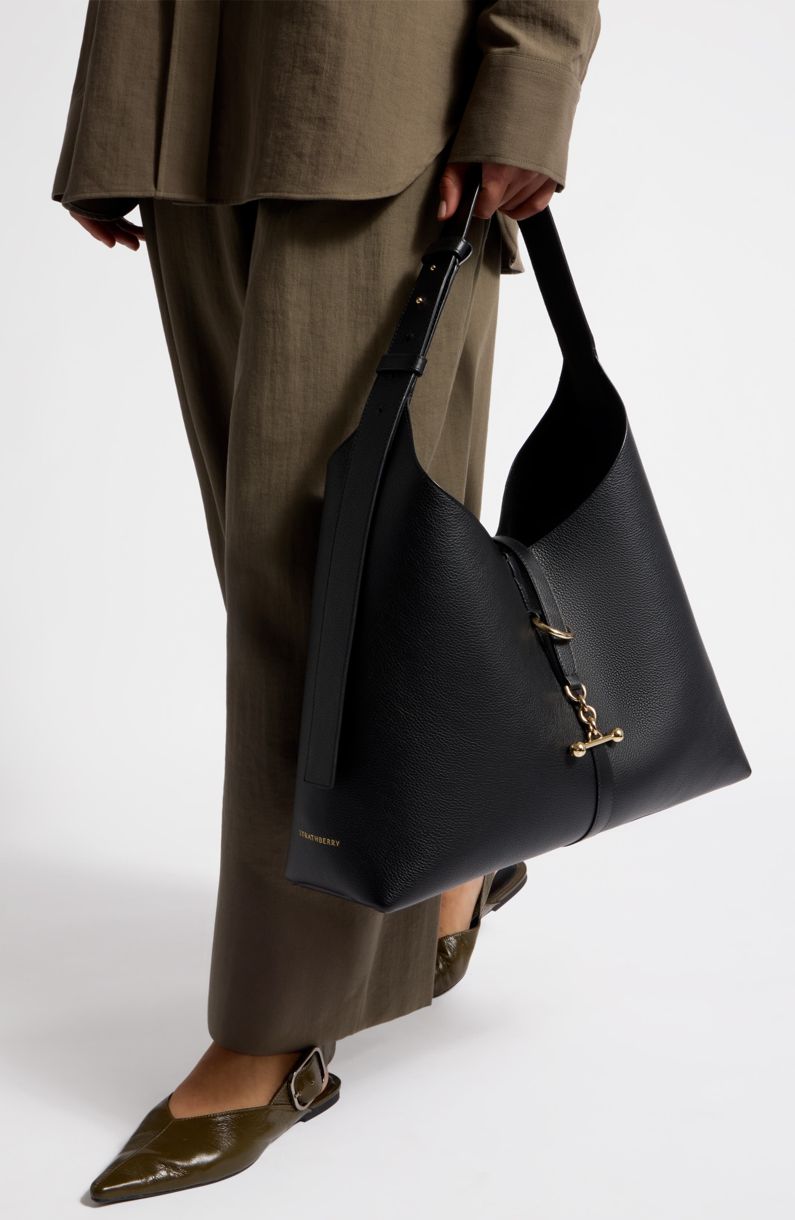 Strathberry Kite Leather Hobo Bag, Alternate, color, Black