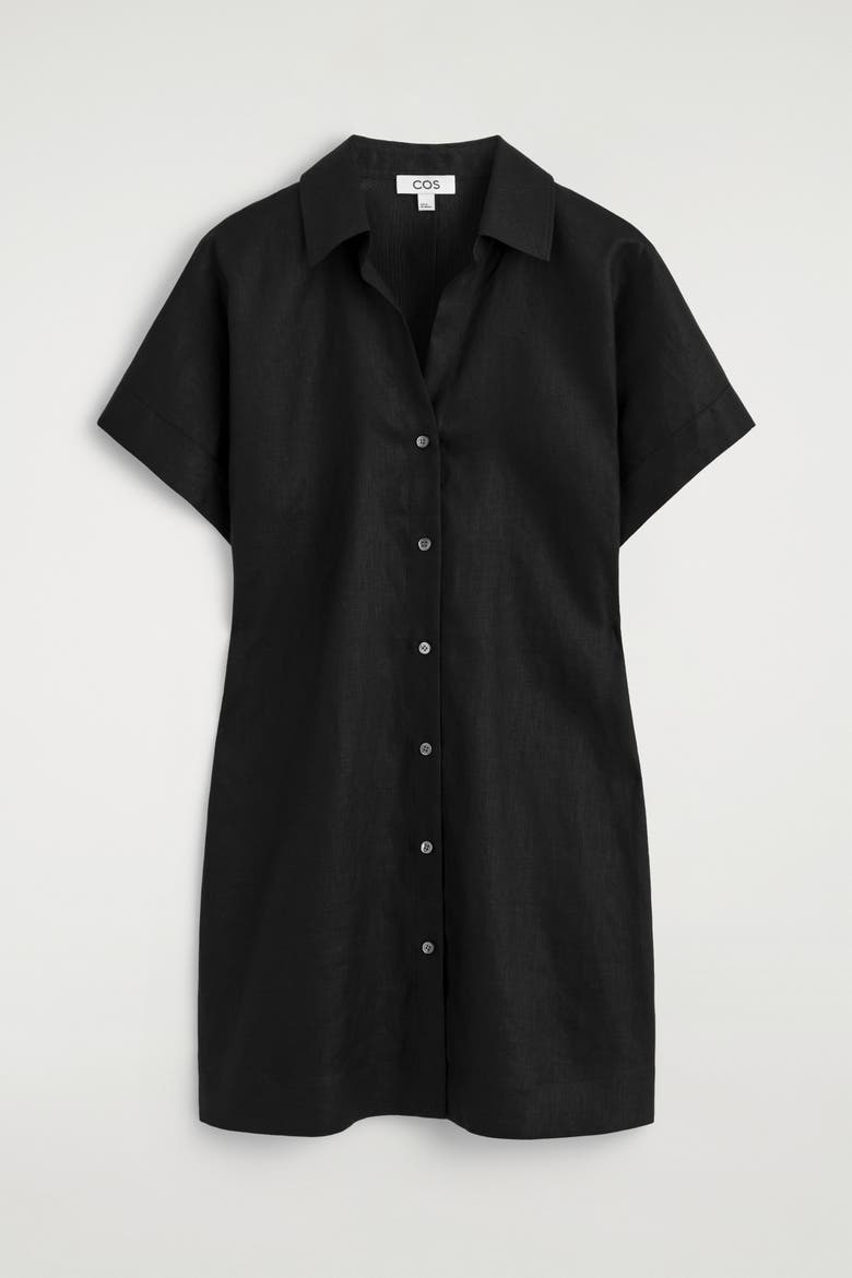 Open-collar Linen Mini Shirt Dress, Alternate, color, BLACK