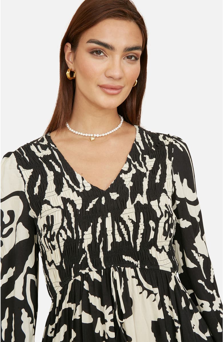 Yumi Abstract Print Ruched V-Neck Midi Dress, Alternate, color, Black