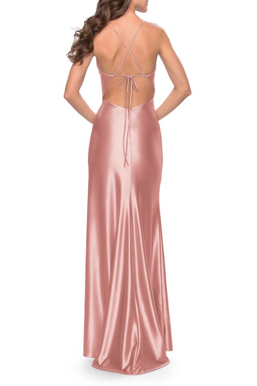 La Femme Fitted Liquid Jersey Dress With High Slit And Open Back
