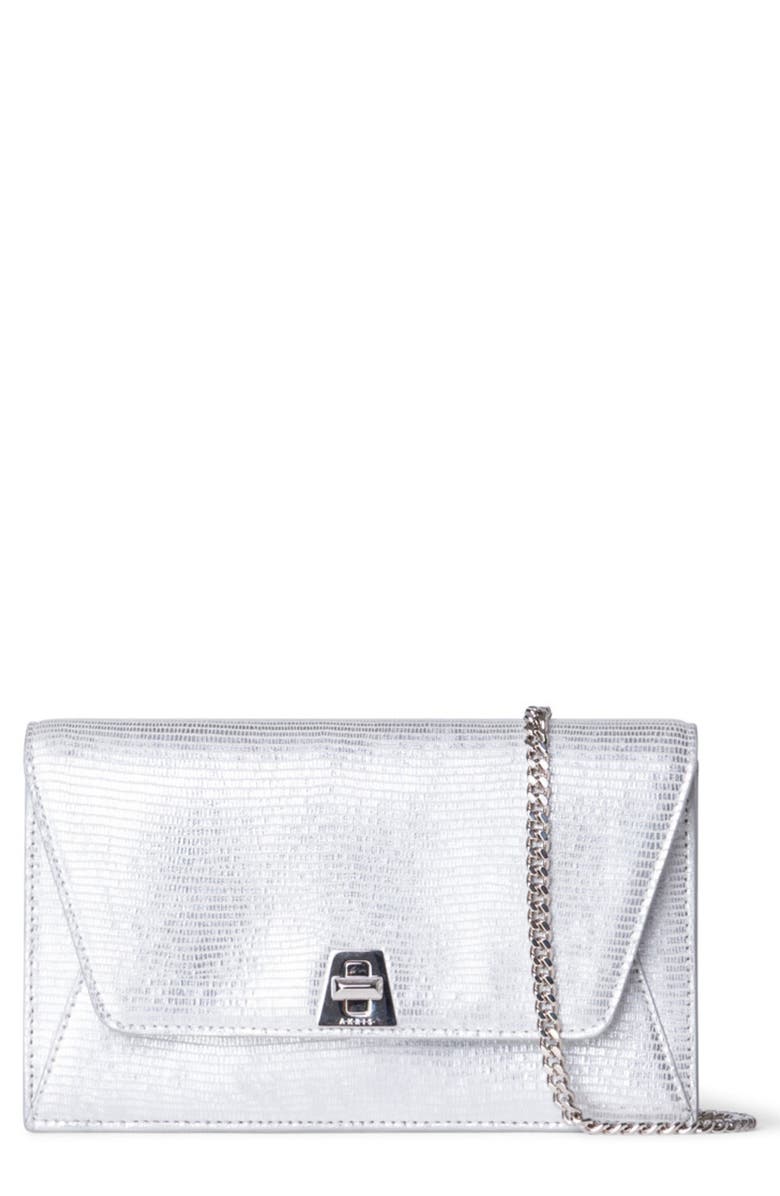 Akris Anouk Lizard Embossed Leather Envelope Wallet on a Chain, Main, color, Silver Metallic