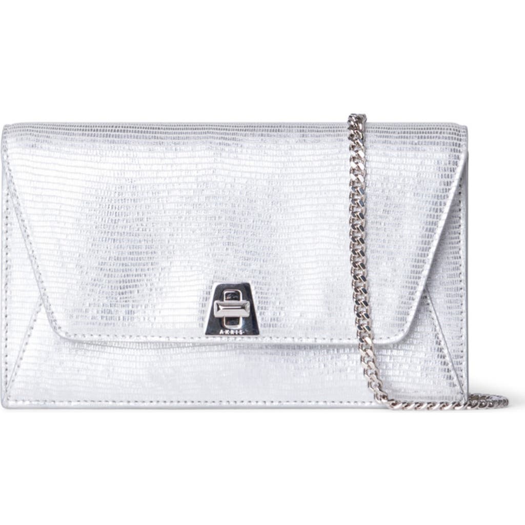 Akris Anouk Lizard Embossed Leather Envelope Wallet On A Chain In Metallic