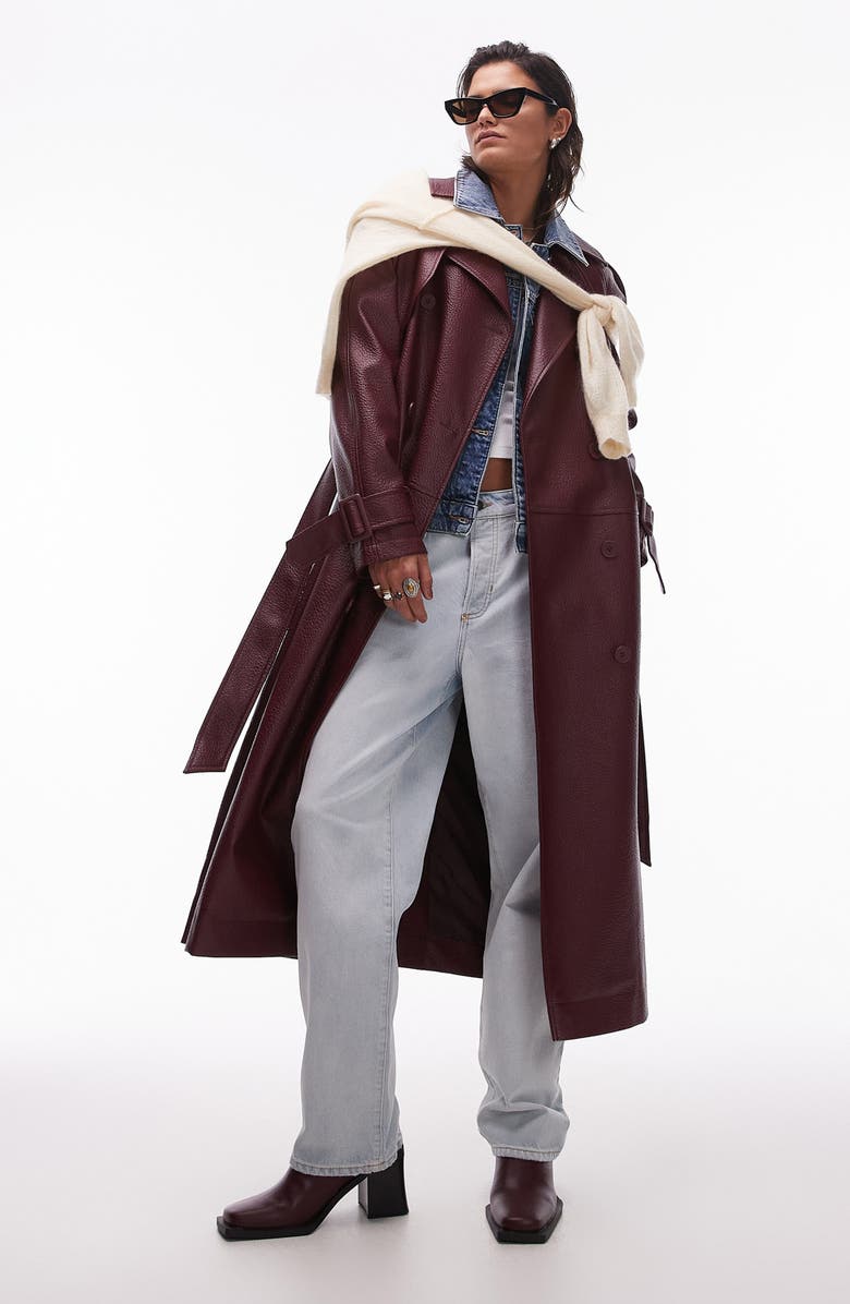 Topshop Belted Faux Leather Trench Coat, Main, color, 
