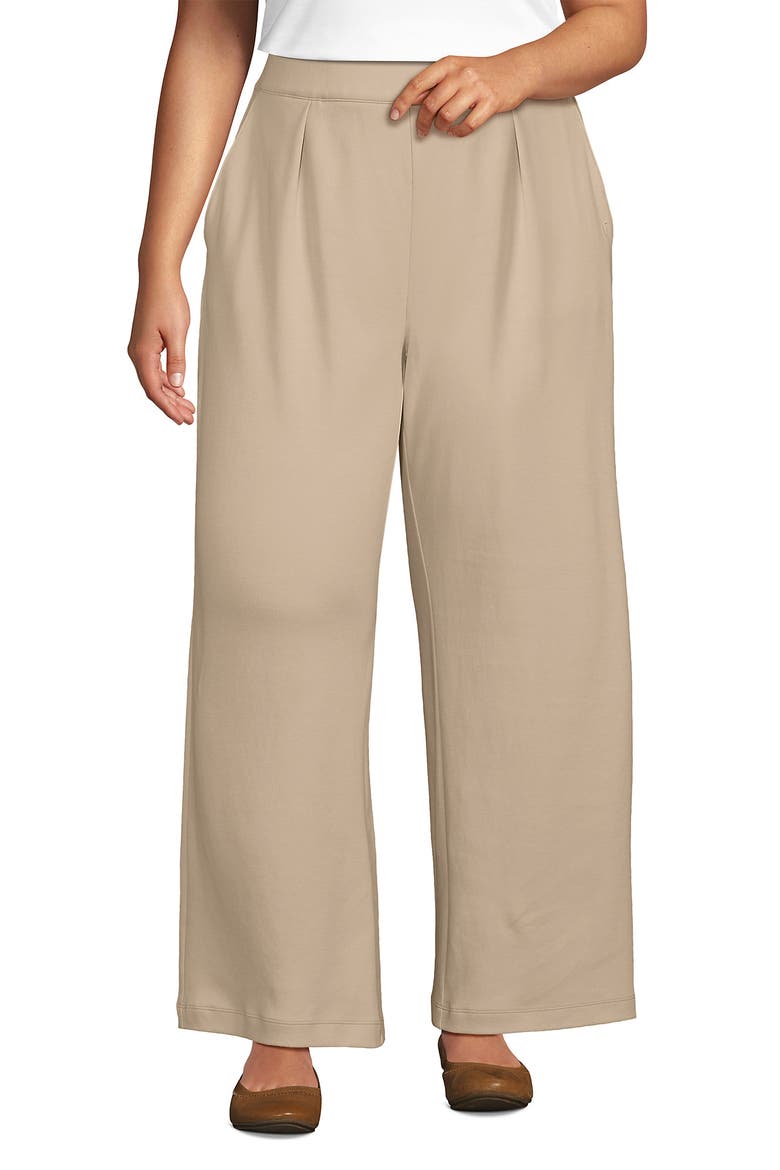 Plus Size Knit High Rise Pleated Wide Leg Pants, Main, color, Champagne
