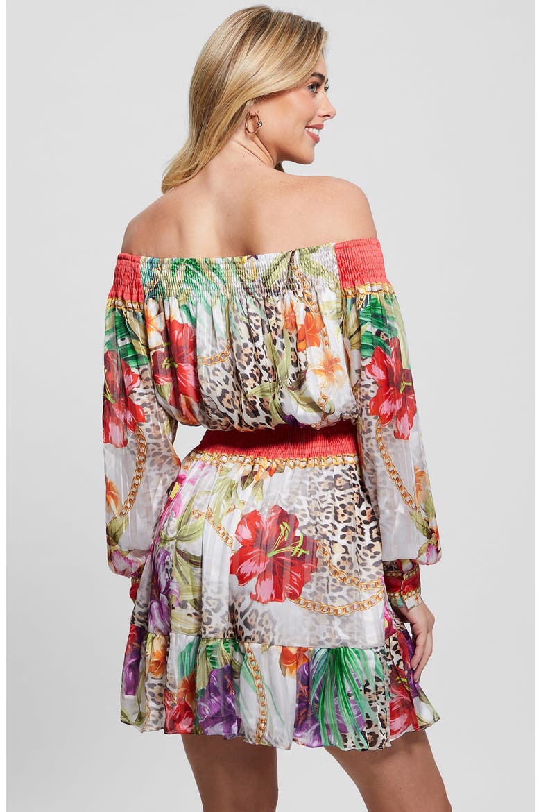 Long Sleeve Off the Shoulder Dress, Alternate, color, CORAL JUNGLE