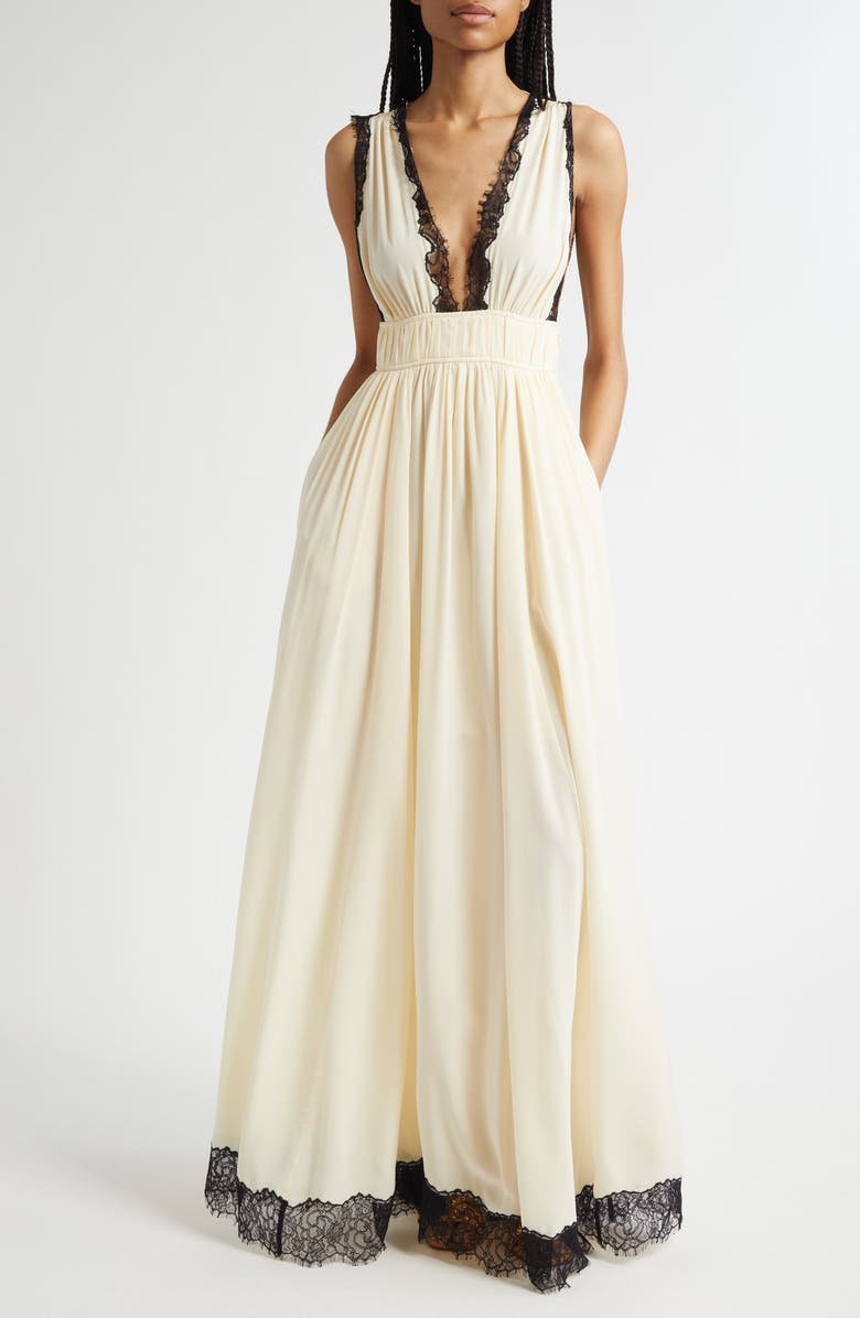 Ulla Johnson Maguerite Lace Trim Silk Gown, Main, color, Creme