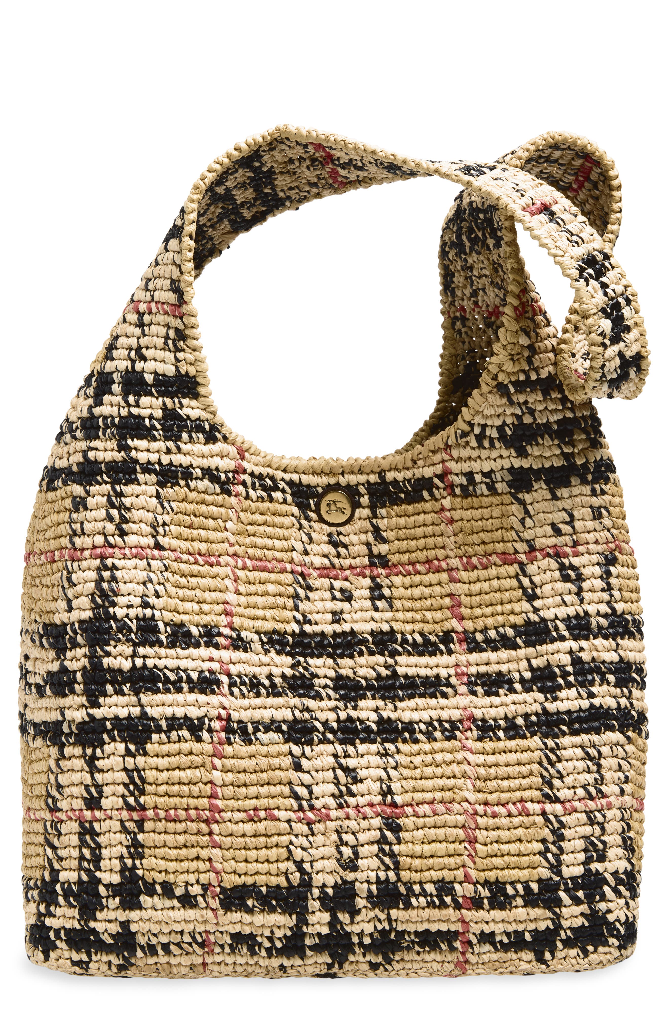 Burberry Small Margate Check Raffia Hobo Bag, Main, color, Sand Ip Check