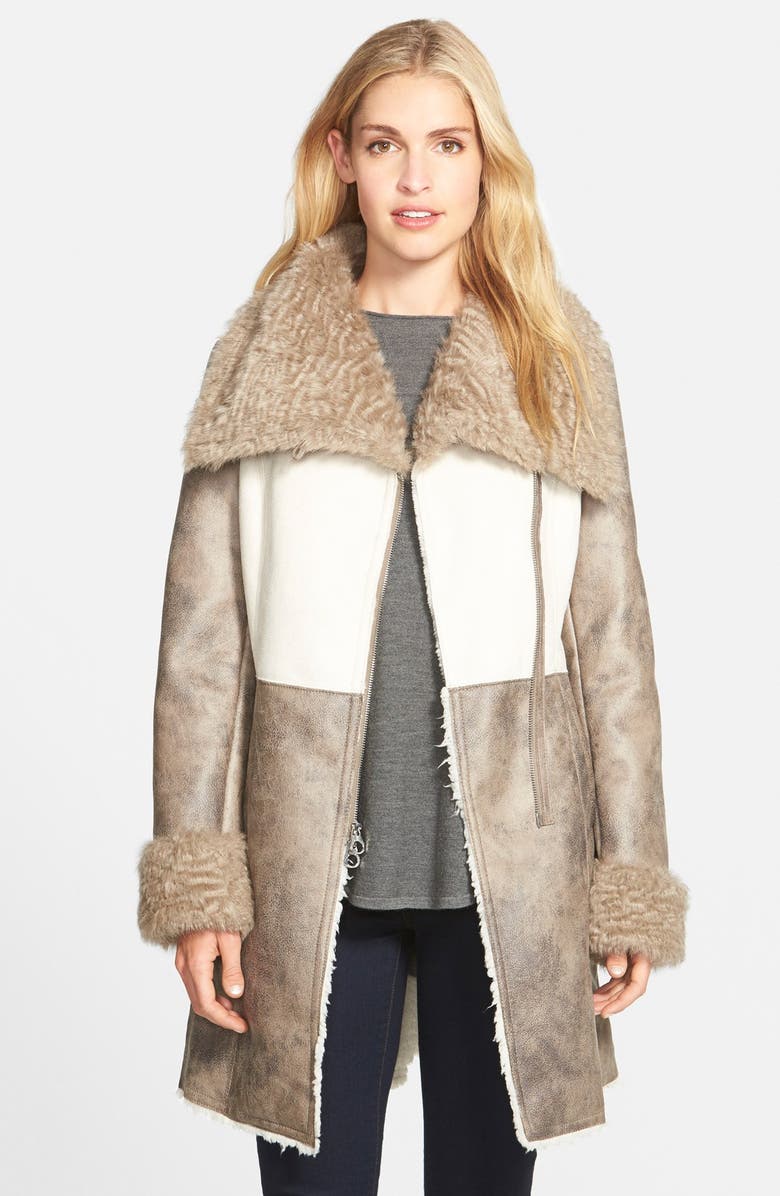 Laundry by Shelli Segal Asymmetrical Zip Two Tone Faux Shearling Coat, Main, color, 