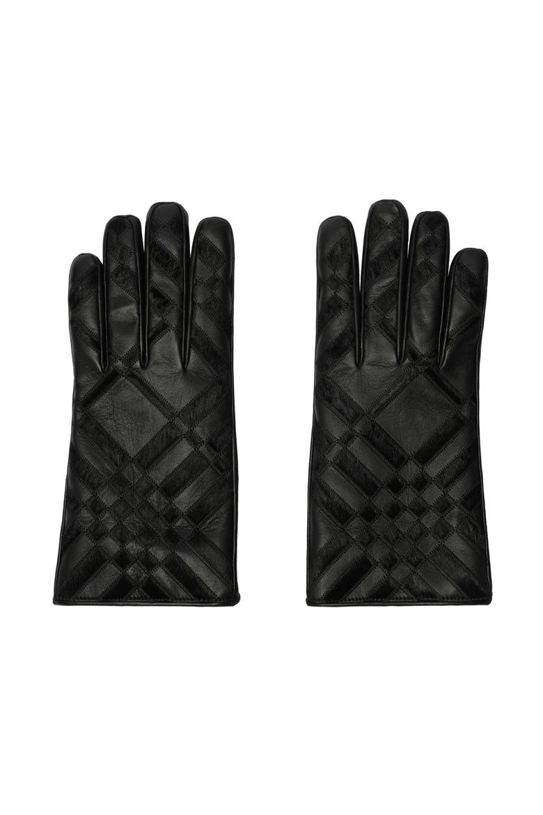 Check Intarsia Leather Gloves, Main, color, Black