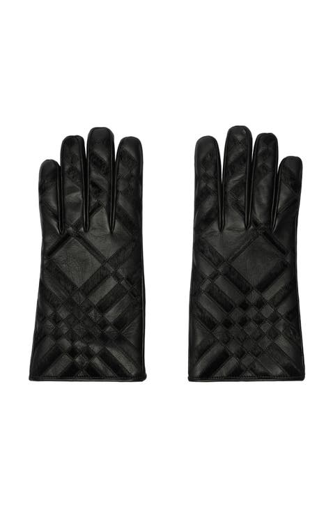 Check Intarsia Leather Gloves